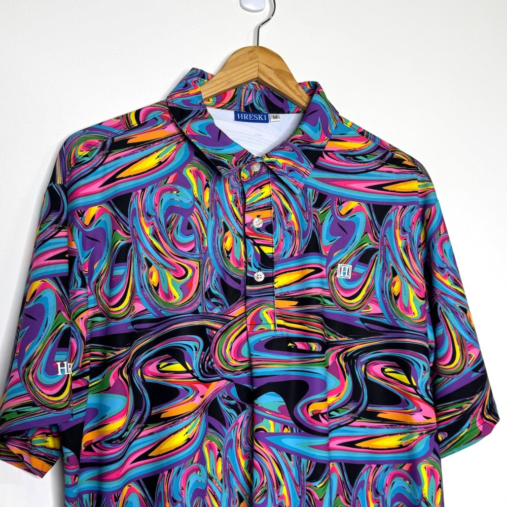 Hreski Polo Shirt Men M Psychedelic Swirl Performance Rave‎ Colorful Activewear